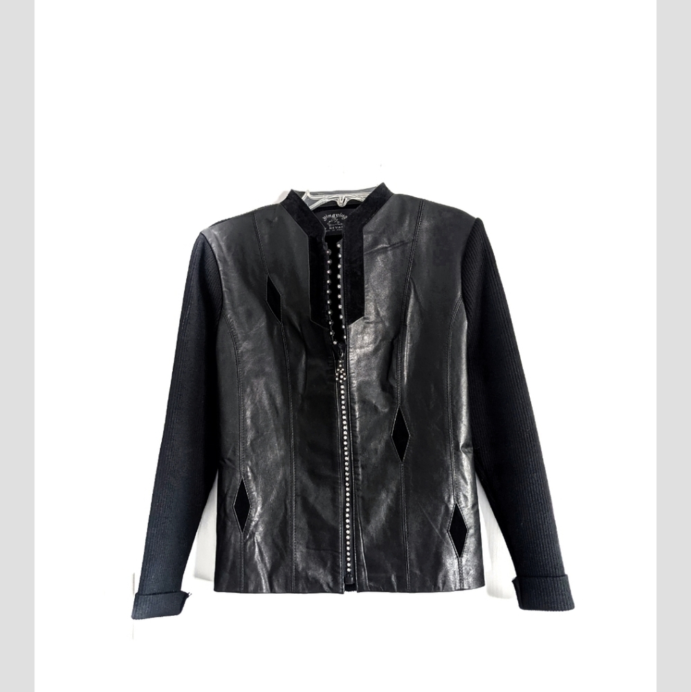 Zingzing genuine leather jacket pockets rhinestones zipper ribbed back sleeves - Picture 9 of 11